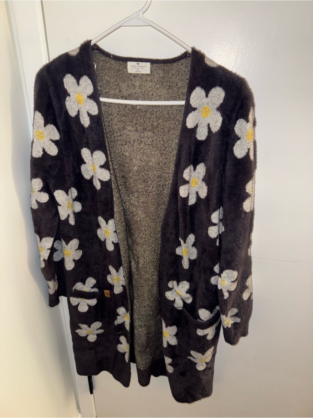 Simply Southern Dark Gray Floral Daisy Cardigan with White & Yellow Daisies